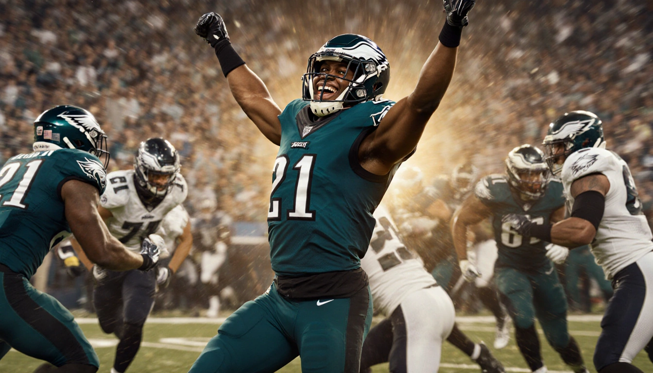 Nakobe Dean celebrates with arms raised and a grin while jersey 21 shines over chaotic Eagles defenders