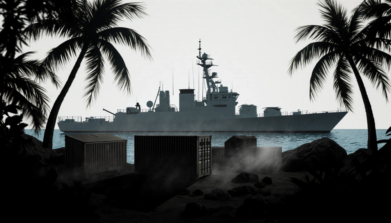Low-profile narco vessel sailing with encrypted comms and hazy cargo near palm trees on a tropical coast