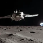Artemis II spacecraft orbits the moon with a glowing lunar landscape and subtle descent stage and astronaut suits nearby
