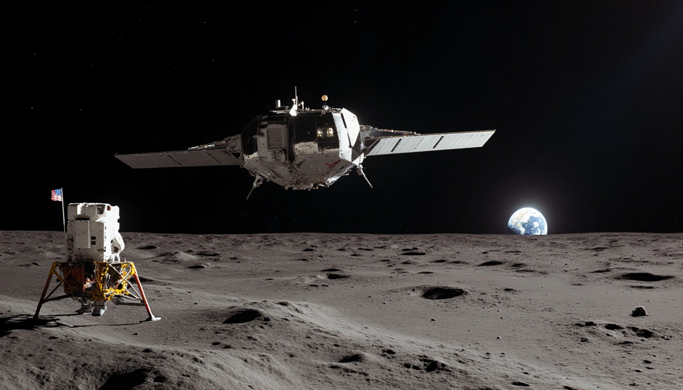 Artemis II spacecraft orbits the moon with a glowing lunar landscape and subtle descent stage and astronaut suits nearby