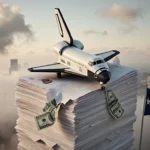 NASA Discovery shuttle sits atop torn financial papers and Texas flags with a faint Houston skyline behind clouds