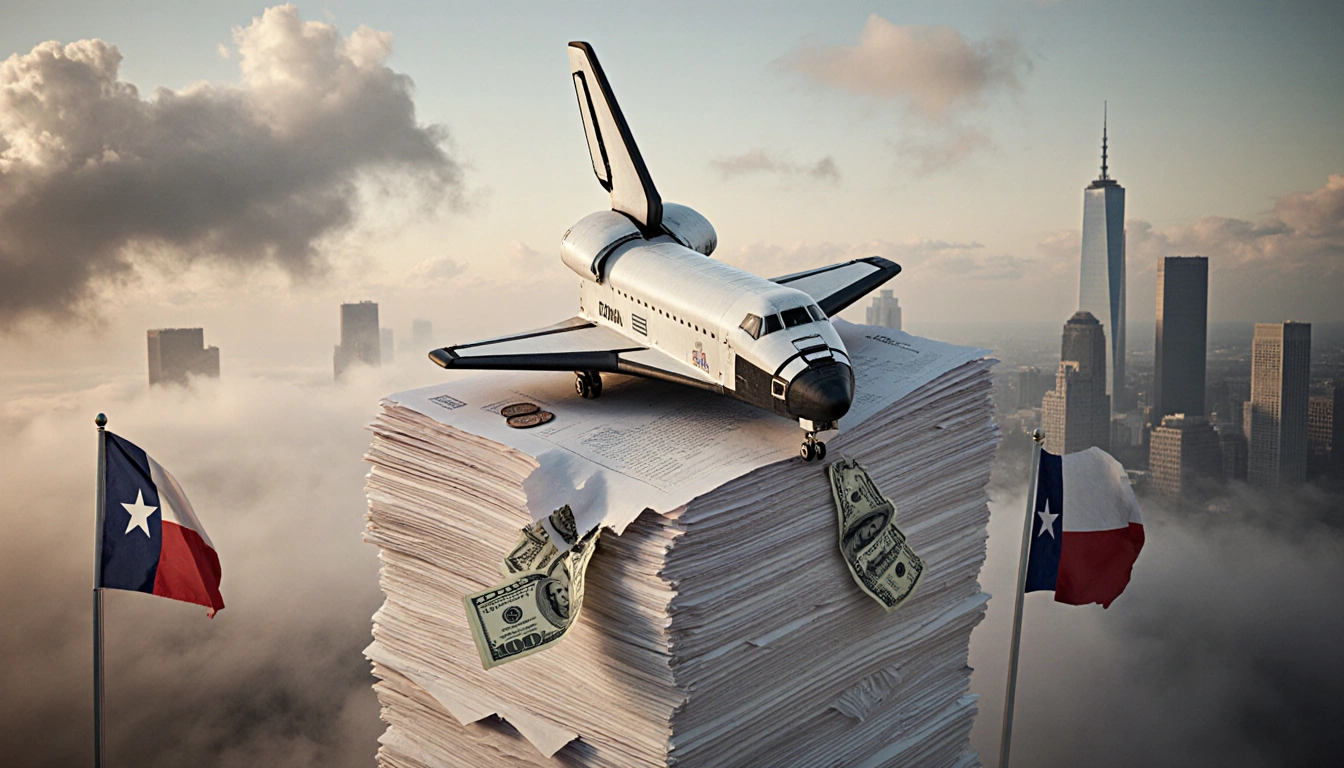 NASA Discovery shuttle sits atop torn financial papers and Texas flags with a faint Houston skyline behind clouds