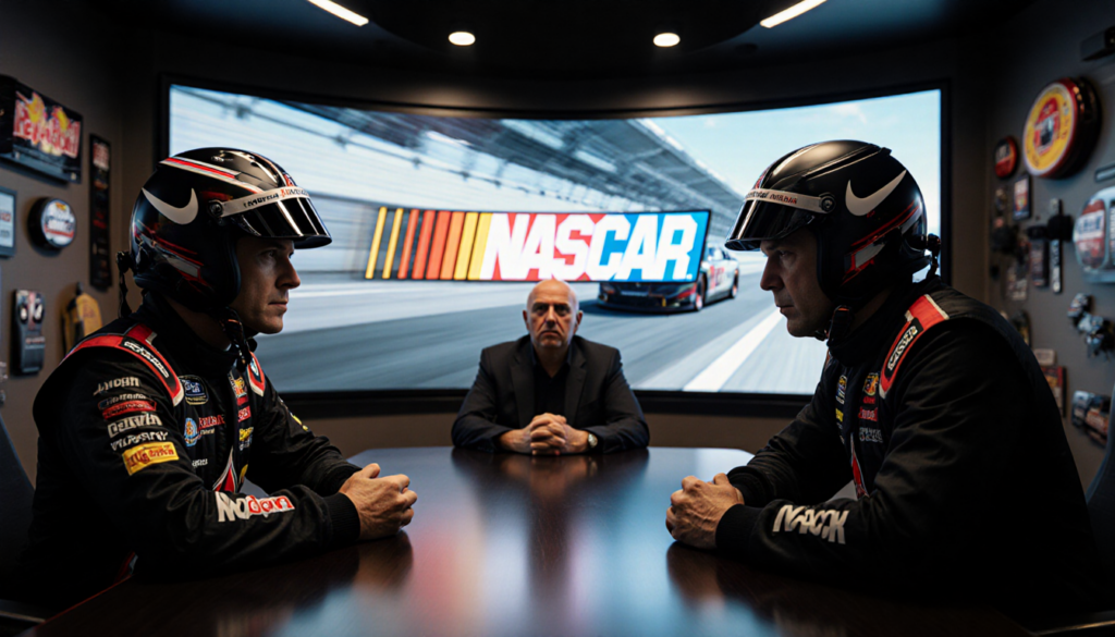 Two racing team owners negotiate across a table with a room and a screen showing a NASCAR logo
