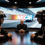 Two racing team owners negotiate across a table with a room and a screen showing a NASCAR logo