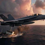 U.S. naval aircraft swooping low over dark Pacific waters with damaged drug boat and orange‑pink stormy sky.