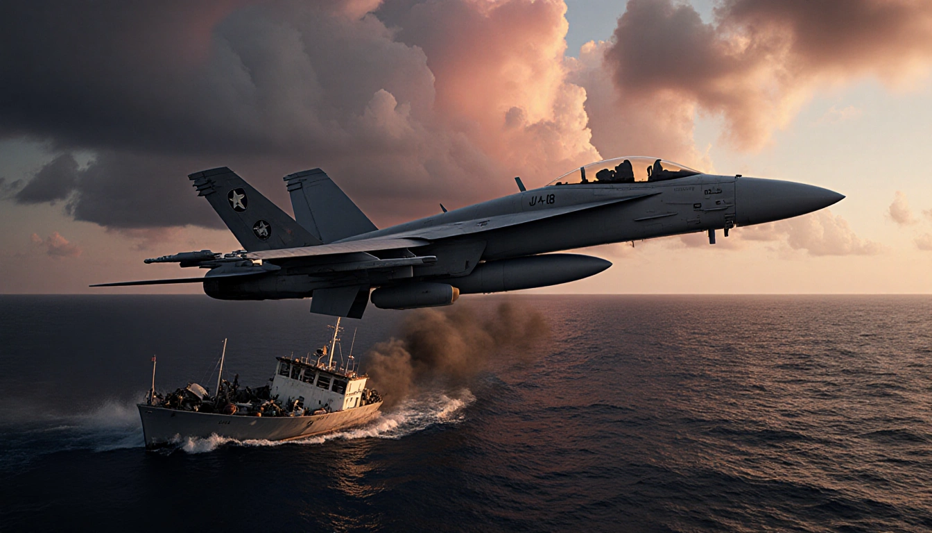 U.S. naval aircraft swooping low over dark Pacific waters with damaged drug boat and orange‑pink stormy sky.