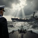 US destroyer approaching Venezuelan oil tanker with waves crashing and sailor standing at bow