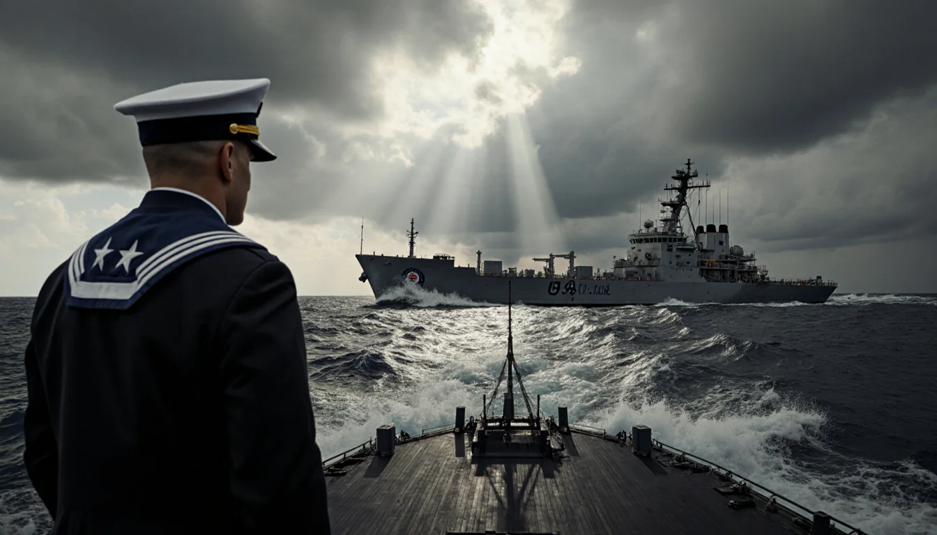 US destroyer approaching Venezuelan oil tanker with waves crashing and sailor standing at bow