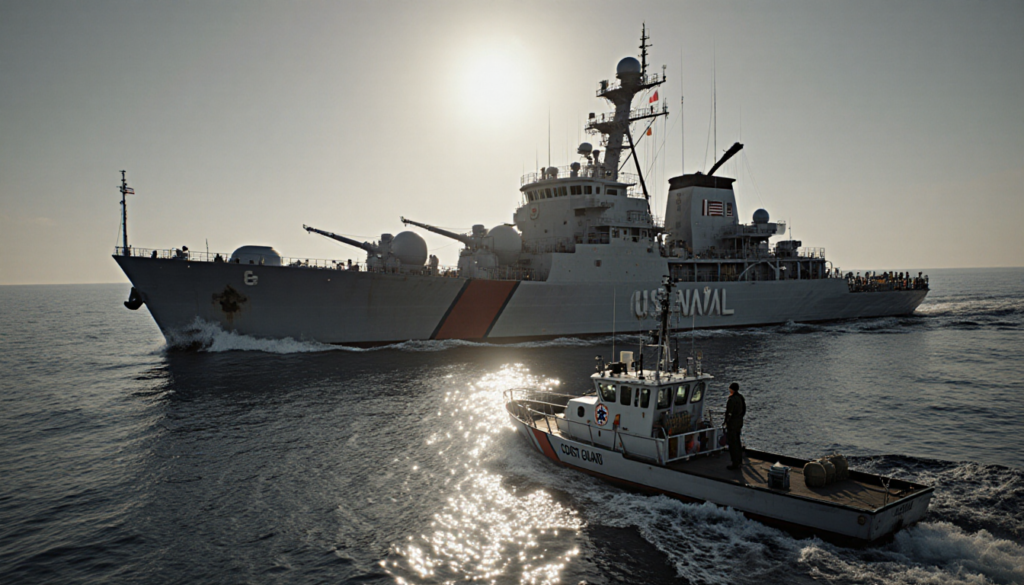 U.S. naval vessel looming over oil tanker with grey-blue Caribbean Sea behind and Coast Guard cutter nearby.