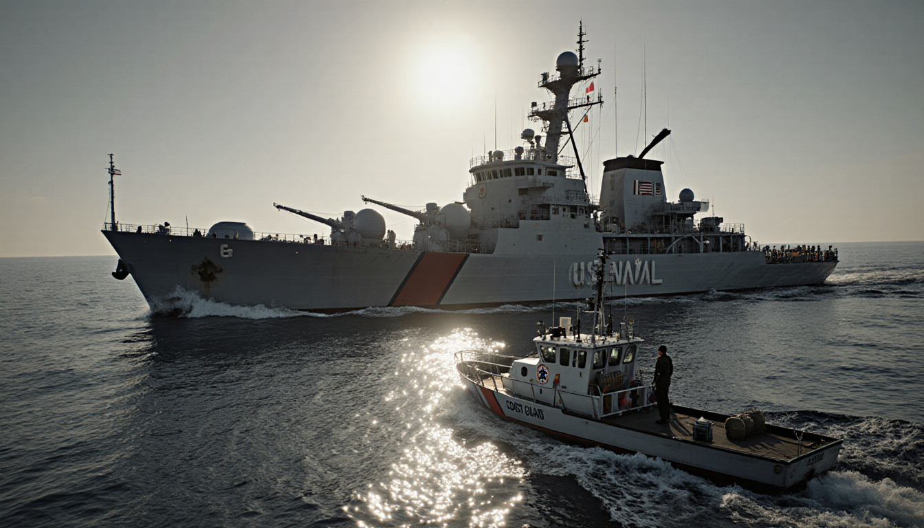 U.S. naval vessel looming over oil tanker with grey-blue Caribbean Sea behind and Coast Guard cutter nearby.
