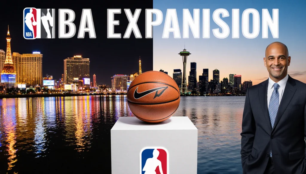 Adam Silver standing with Las Vegas and Seattle cityscape reflected in lake and NBA Expansion text