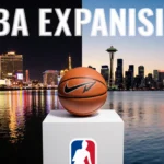 Adam Silver standing with Las Vegas and Seattle cityscape reflected in lake and NBA Expansion text