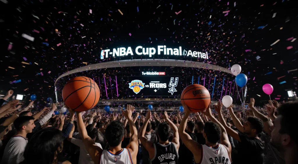 Fans cheering with giant basketballs and confetti near glowing T-Mobile sign at Las Vegas arena during NBA Finals