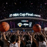 Fans cheering with giant basketballs and confetti near glowing T-Mobile sign at Las Vegas arena during NBA Finals