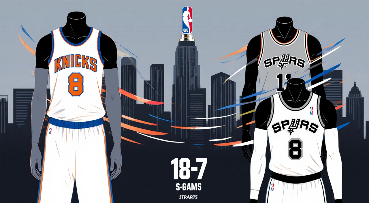 Knicks and Spurs players side by side with 18‑7 records and five‑game streaks, logos on jerseys, and distant NBA Cup trophy.