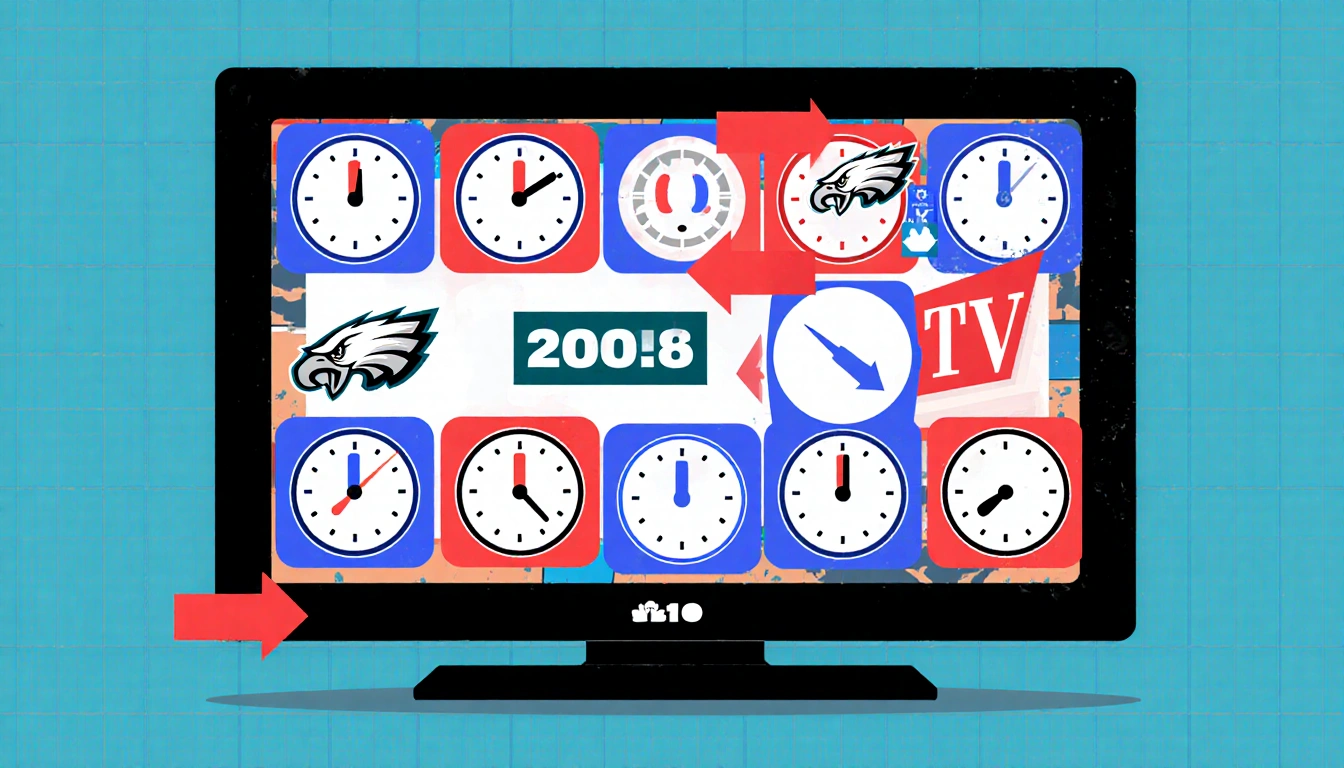 TV screen showing NBC10 coverage schedule with red blue icons and arrows pointing to dates