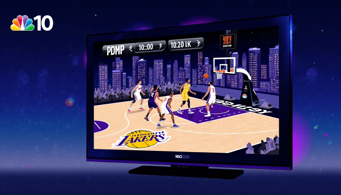 Television screen shows Lakers vs Pistons game with NBC10 logo and 10:30 clock displaying evening schedule in dark blue purpl