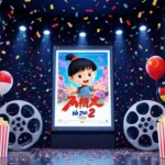 Giant screen showing Ne Zha 2 poster with confetti and balloons and neon lights.