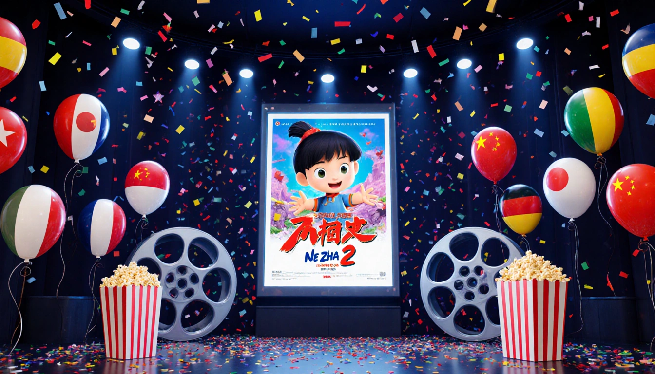 Giant screen showing Ne Zha 2 poster with confetti and balloons and neon lights.