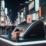 Futuristic cash register dispensing digital yuan notes with neon lights reflecting off its metal surface and a city scene