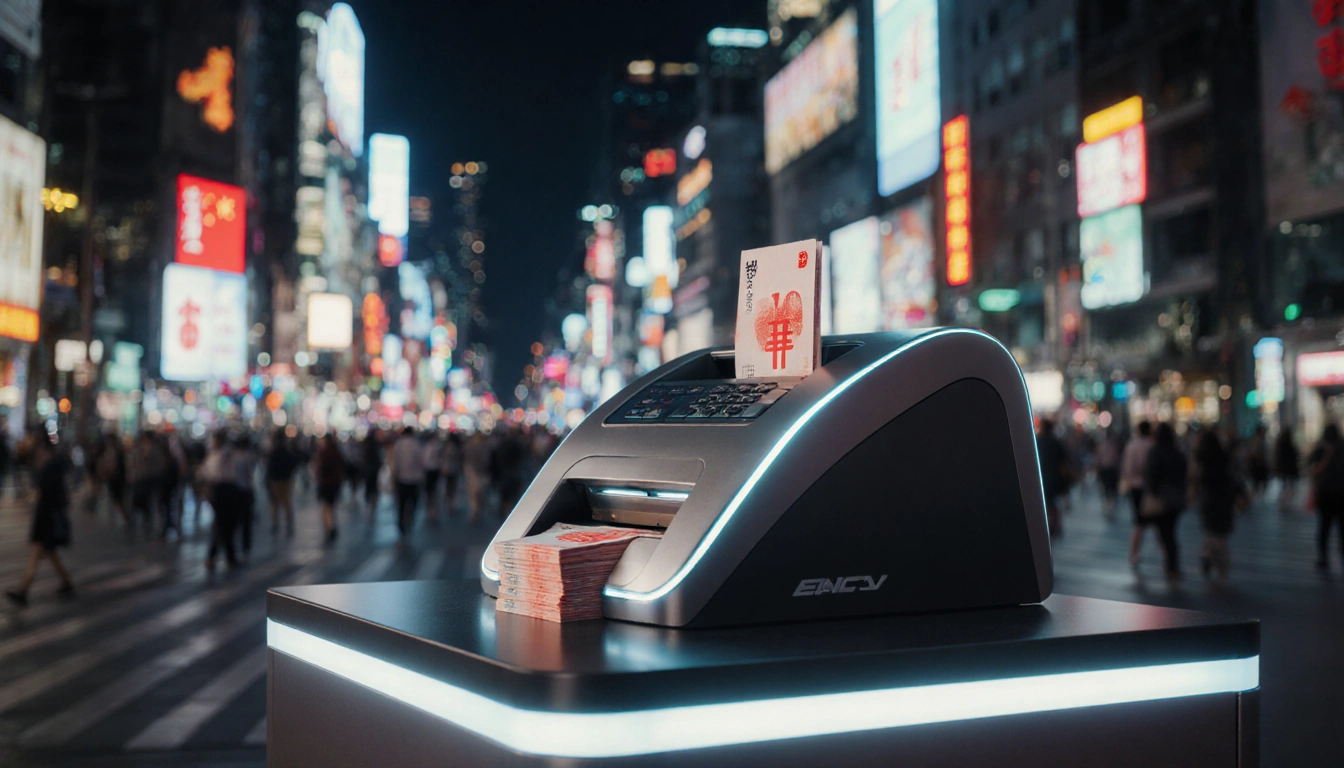 Futuristic cash register dispensing digital yuan notes with neon lights reflecting off its metal surface and a city scene