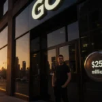 Michał Kiciński stands before a glass storefront with a GOG logo and $25 million sign in golden light for a new gaming era