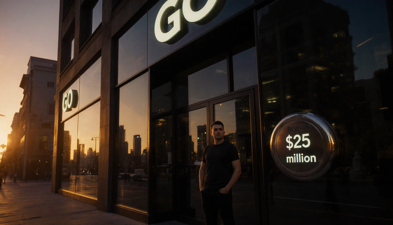 Michał Kiciński stands before a glass storefront with a GOG logo and $25 million sign in golden light for a new gaming era