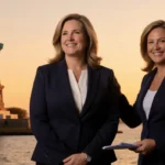 Jennifer Davenport Attorney General stands beside Governor Mikie Sherrill under sunset with Statue of Liberty in New Jersey,