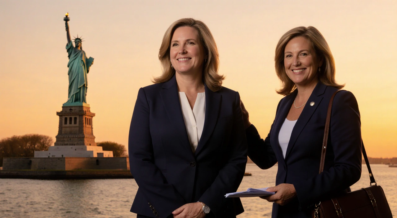 Jennifer Davenport Attorney General stands beside Governor Mikie Sherrill under sunset with Statue of Liberty in New Jersey,