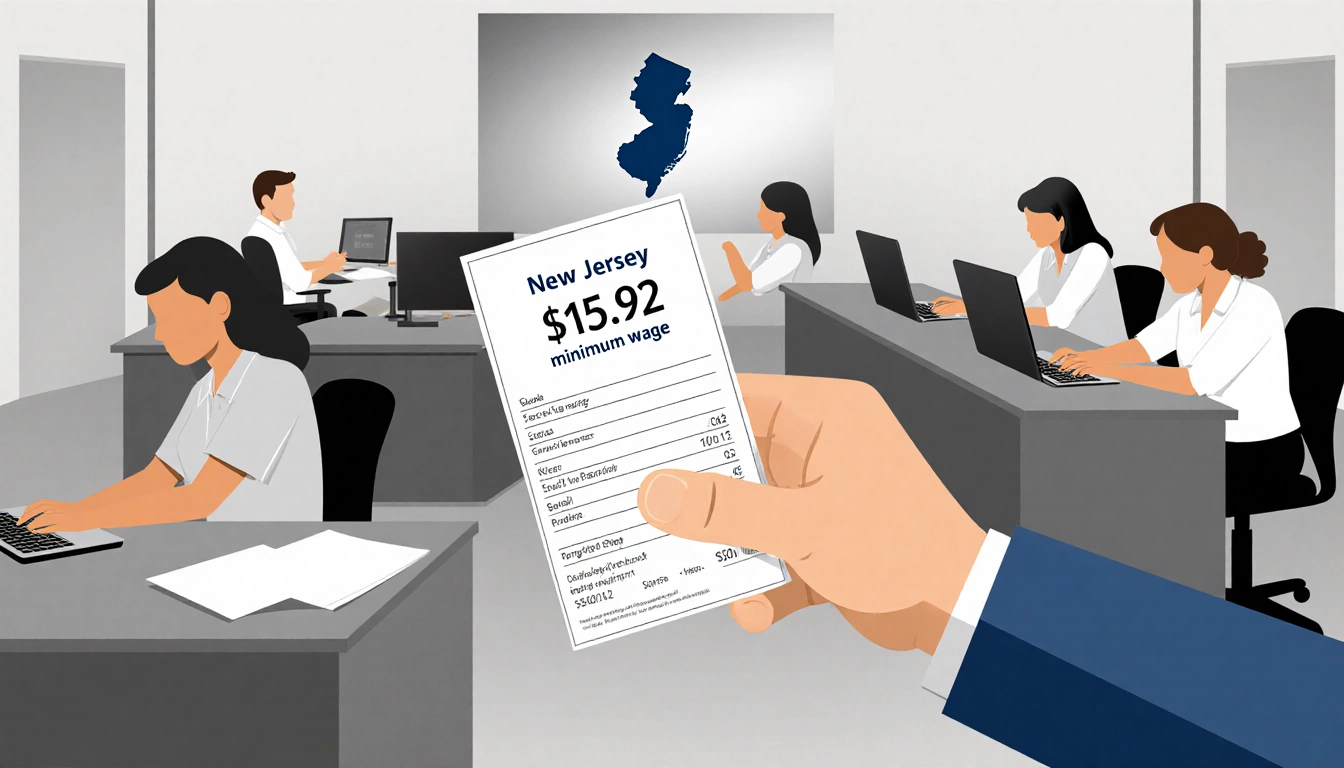 Worker checking paycheck with New Jersey flag in background and minimum wage figure shown
