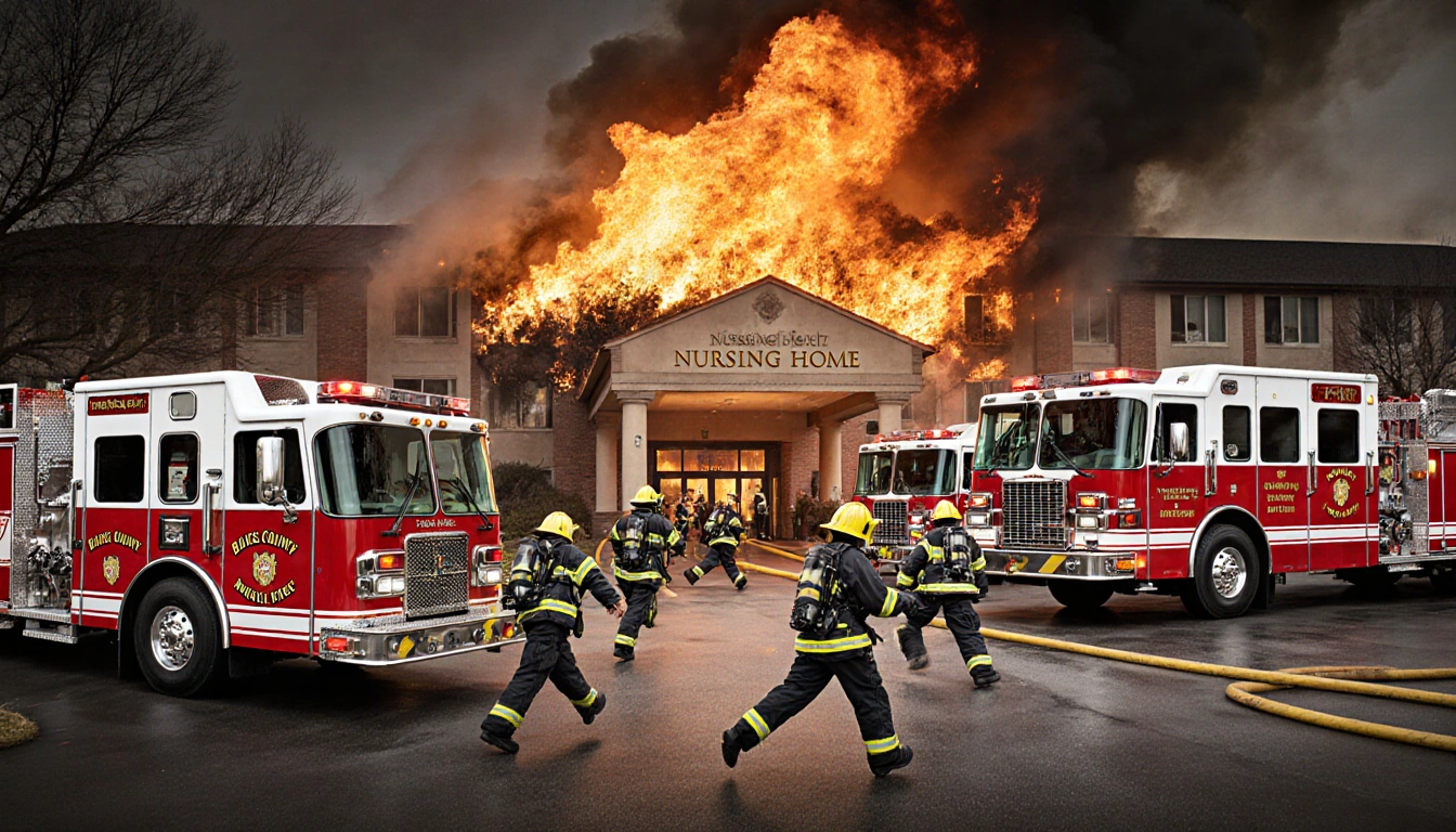 Fire trucks rushing toward nursing home entrance with blazing building behind and firefighters in gear ready to help