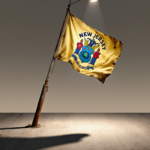 Faded New Jersey flag hangs limp from rusty flagpole with flickering streetlight spotlighting its worn colors