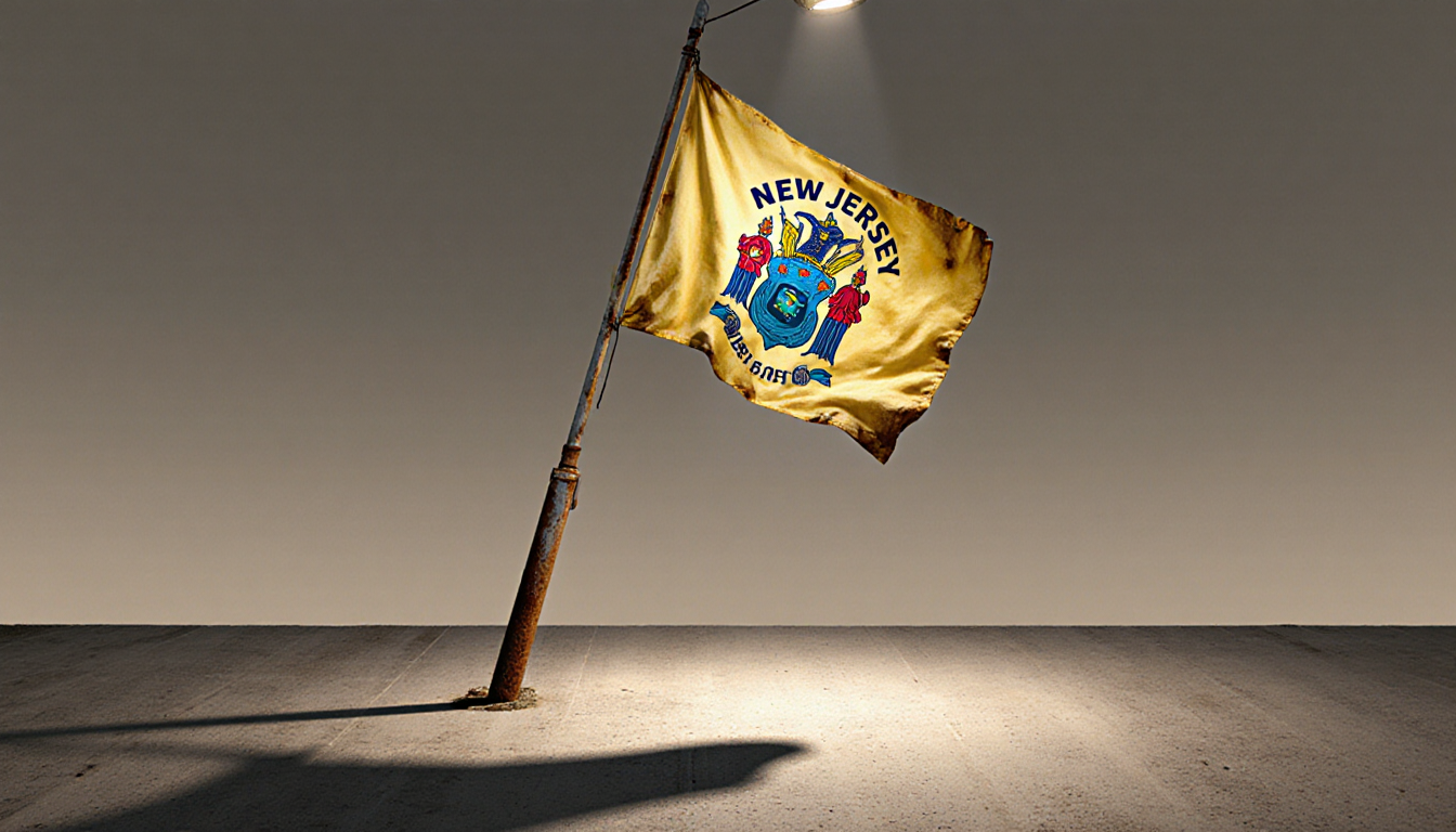 Faded New Jersey flag hangs limp from rusty flagpole with flickering streetlight spotlighting its worn colors