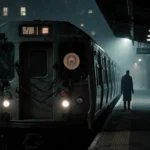 Train locomotive stands still with misty night air and faint Christmas glow behind with silhouette of a lone figure near