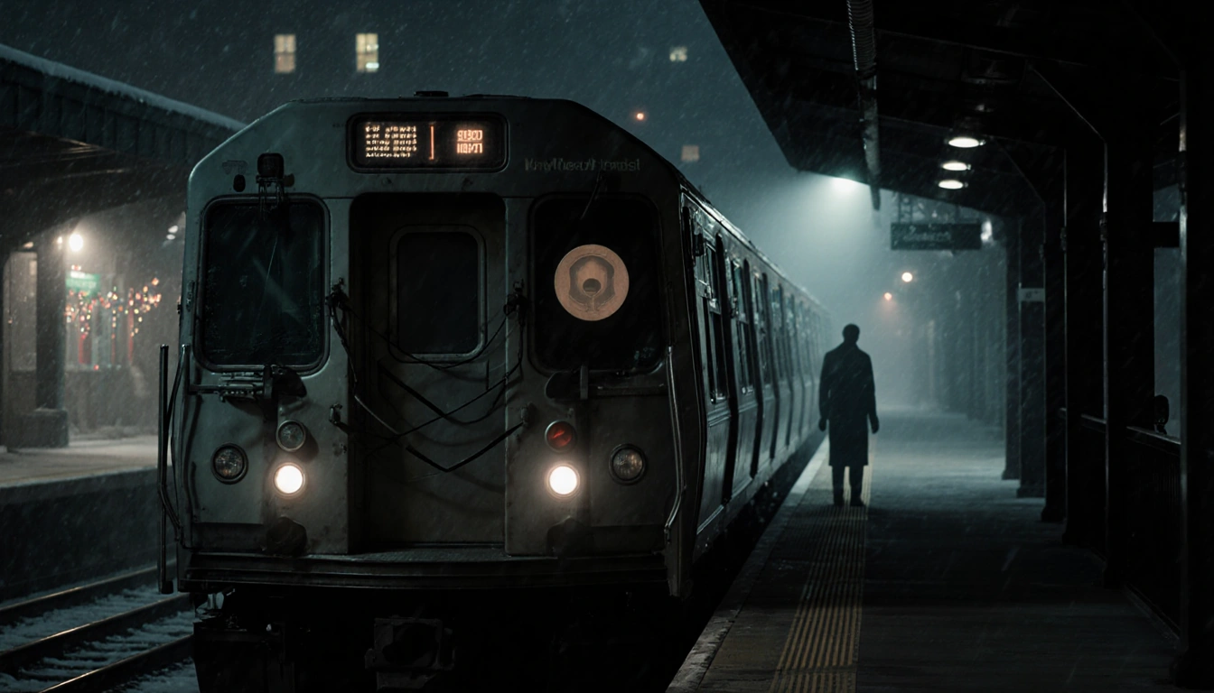 Train locomotive stands still with misty night air and faint Christmas glow behind with silhouette of a lone figure near