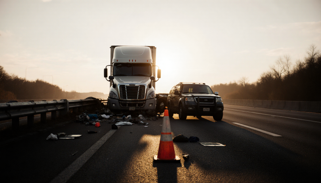 Mangled tractor‑trailer colliding with crushed SUV near a police cone under late afternoon sun with shattered rearview mirror