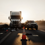Mangled tractor‑trailer colliding with crushed SUV near a police cone under late afternoon sun with shattered rearview mirror