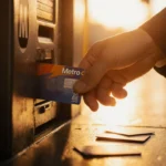 MetroCard slides into fare machine with OMNY symbol glowing and golden dusk light on a New York subway platform.