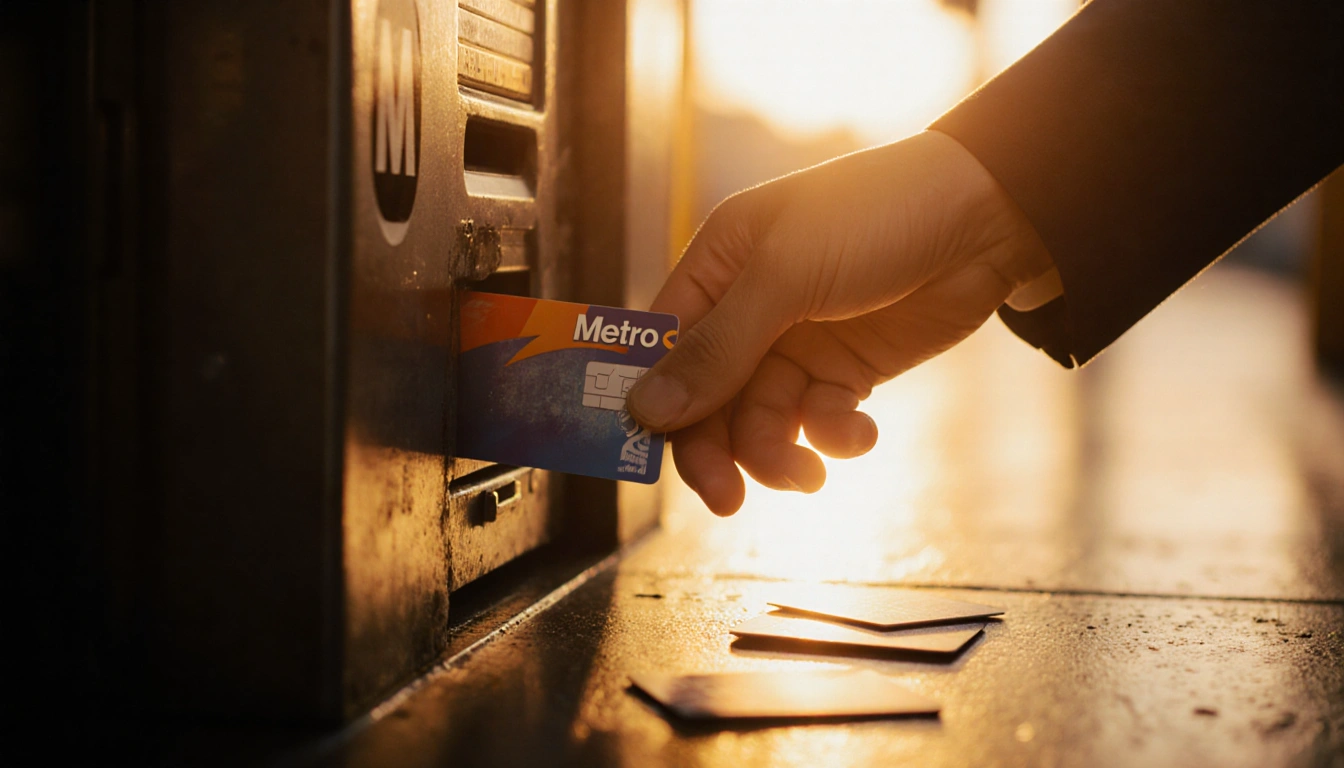 MetroCard slides into fare machine with OMNY symbol glowing and golden dusk light on a New York subway platform.