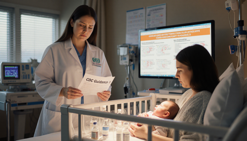 Obstetrician examines newborn incubator with CDC guidance in hand and worried mother beside her in hospital.