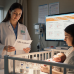 Obstetrician examines newborn incubator with CDC guidance in hand and worried mother beside her in hospital.