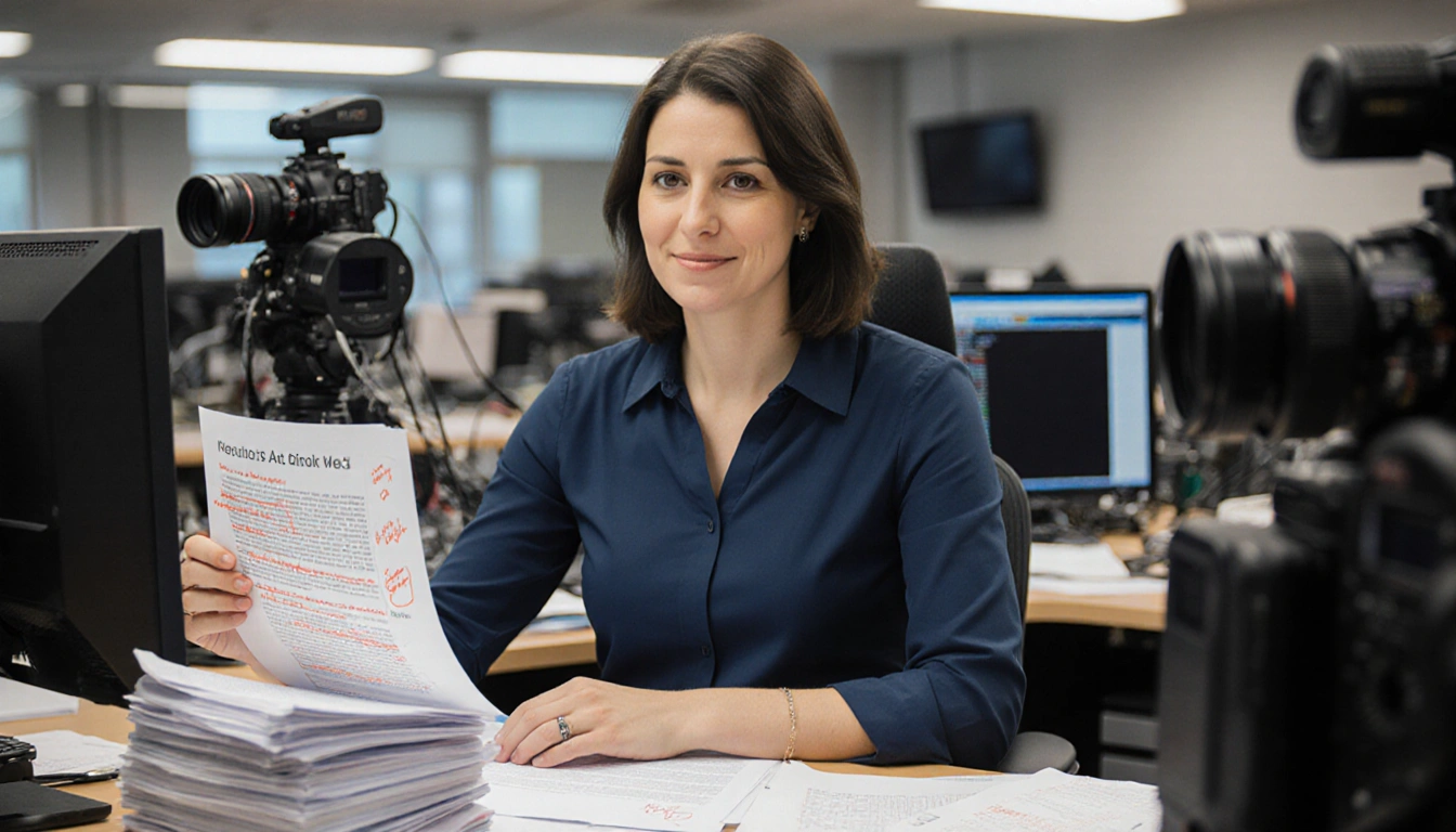 News editor Weiss reviewing a script with highlighted notes at desk with docs and blurred newsroom background for journalism
