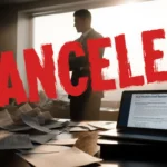 Newsroom spills with scattered papers and laptop showing failed takeover bid and red