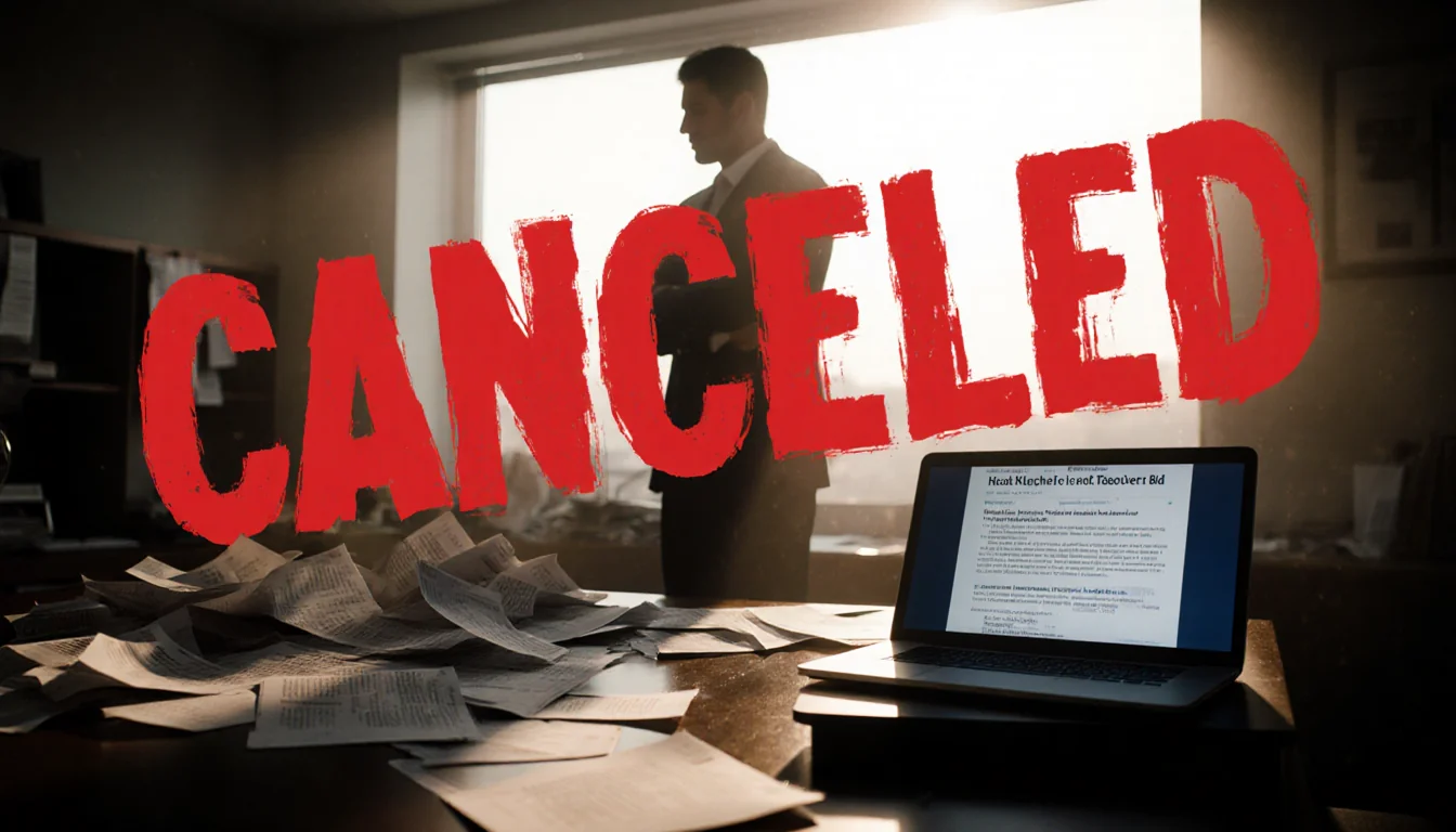 Newsroom spills with scattered papers and laptop showing failed takeover bid and red