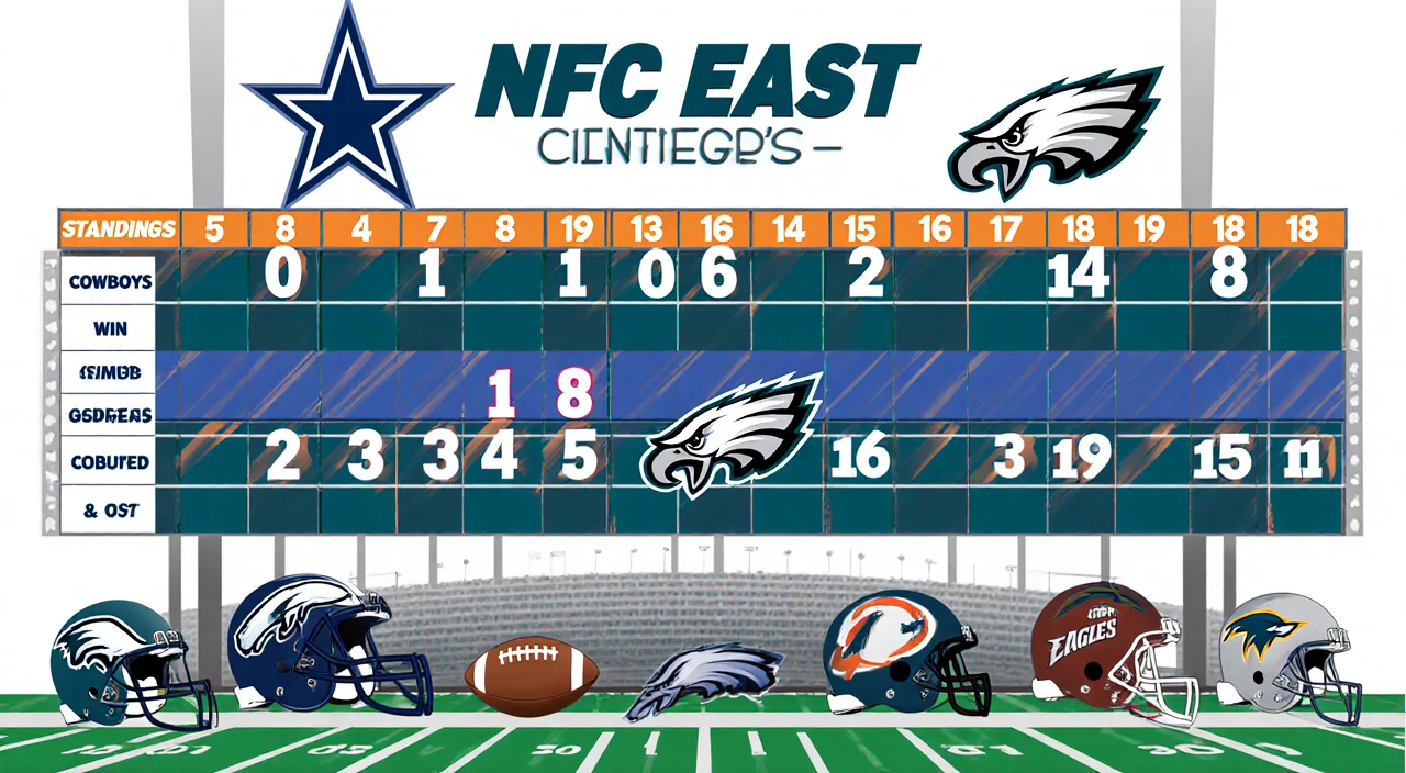 NFC East standings table highlights Eagles row with bold numbers and flags while helmets and stadium seats surround the graph