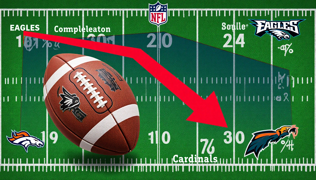 Red arrow pointing downward on giant football with NFL logos and split field showing teams
