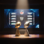 Golden and silver football trophies displayed on a wooden desk with a large TV screen showing 2025 NFL standings.