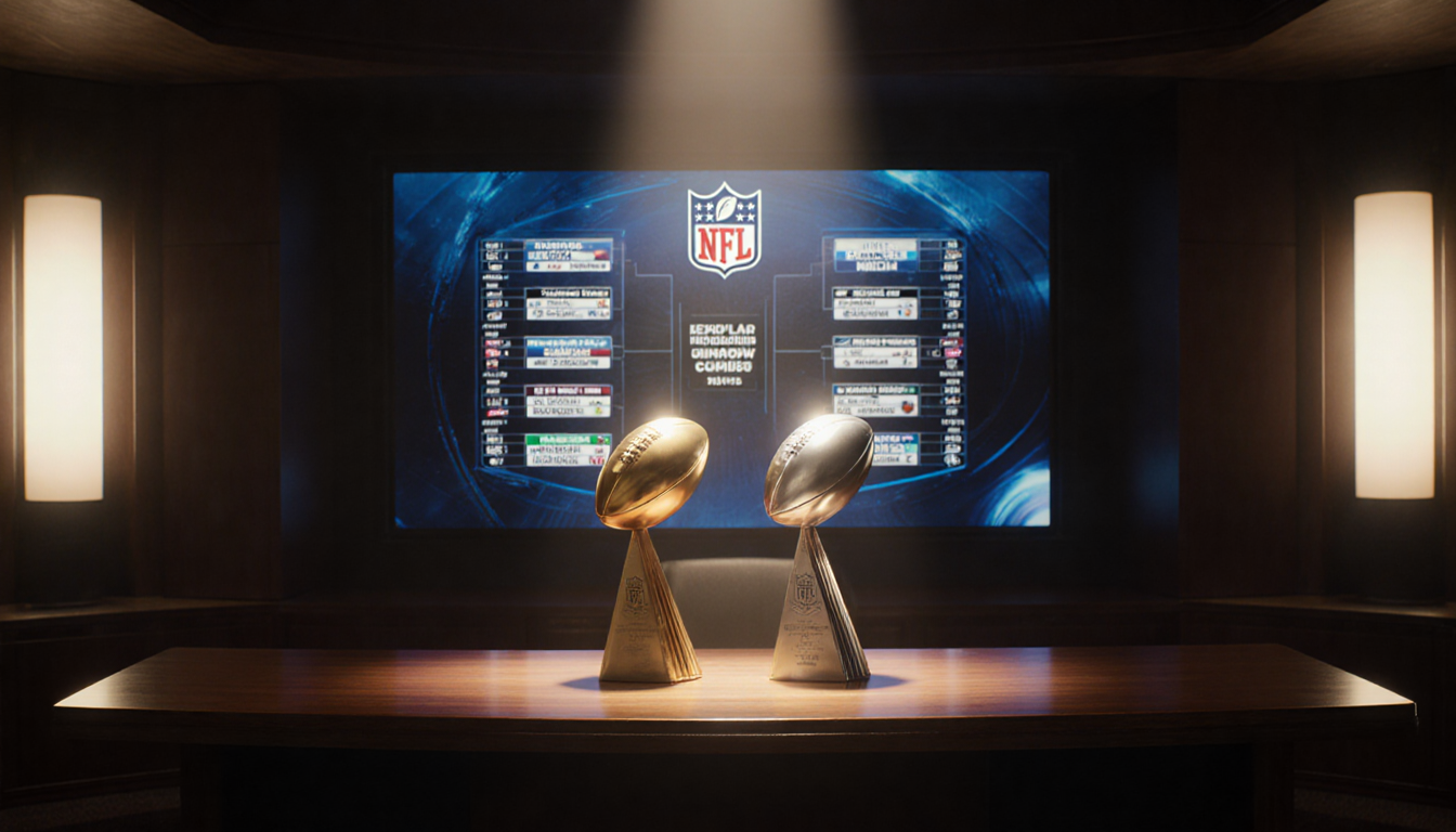 Golden and silver football trophies displayed on a wooden desk with a large TV screen showing 2025 NFL standings.