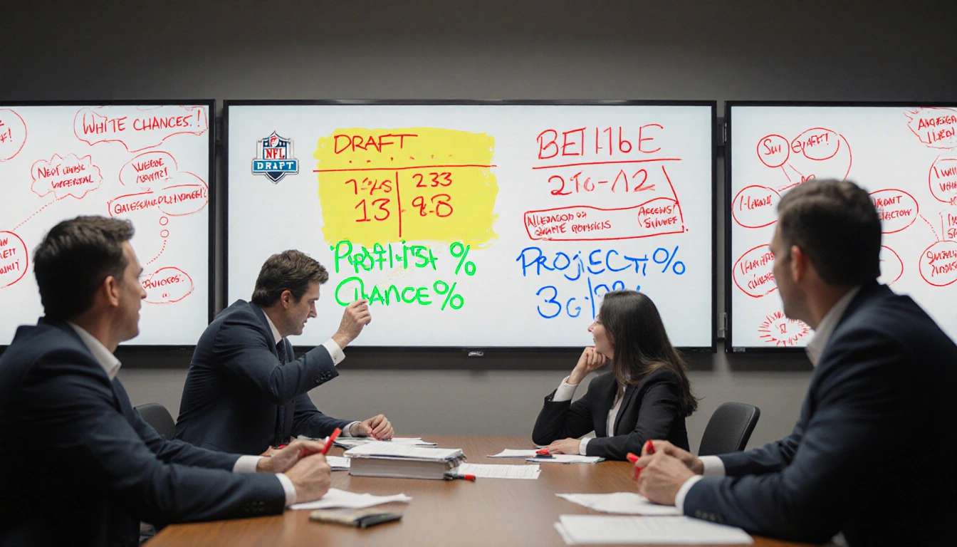 Teams reviewing projections on large screens with yellow draft spot highlighted and green-blue playoff chances on whiteboards