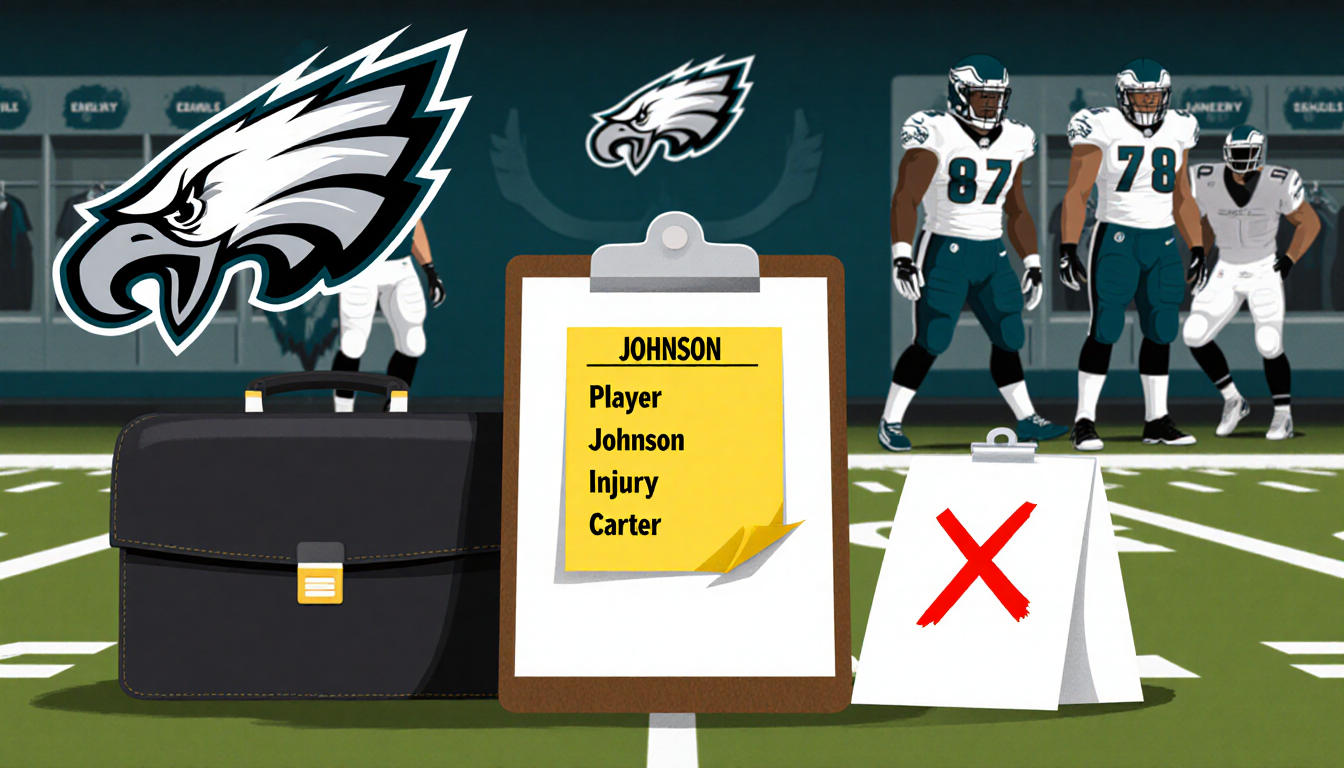 Coach holding yellow card and red X clipboard on football field with players in gear and Eagles logo.